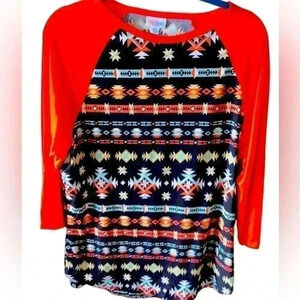 Lularoe‎ 2X black southwestern print Randy T with red raglan sleeves. NWT
